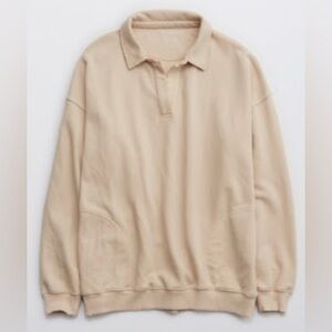 Aerie Happy Henley Everyday Polo Sweatshirt in Sandalwood